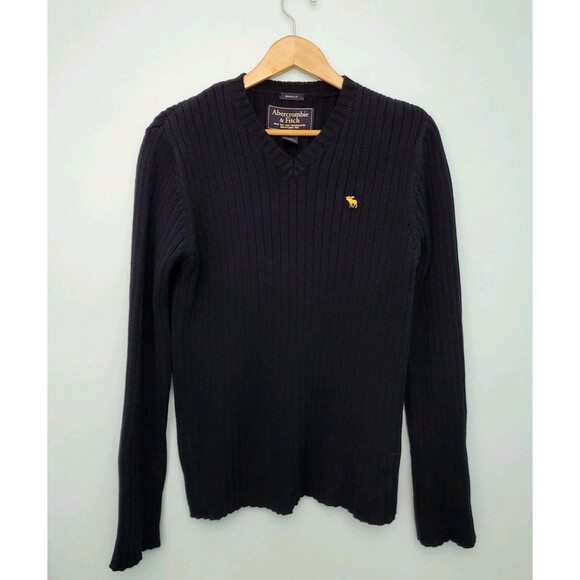 Vtg ABERCROMBIE & FITCH Sweater Mens XL Navy Blue 100% Cotton Muscle Fit Moose - Picture 1 of 6